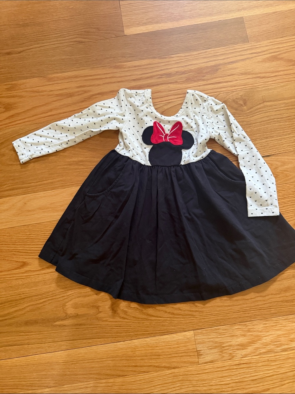 Hanna Andersson Girls Black & White Disney Minnie Mouse Dress with Red Bow